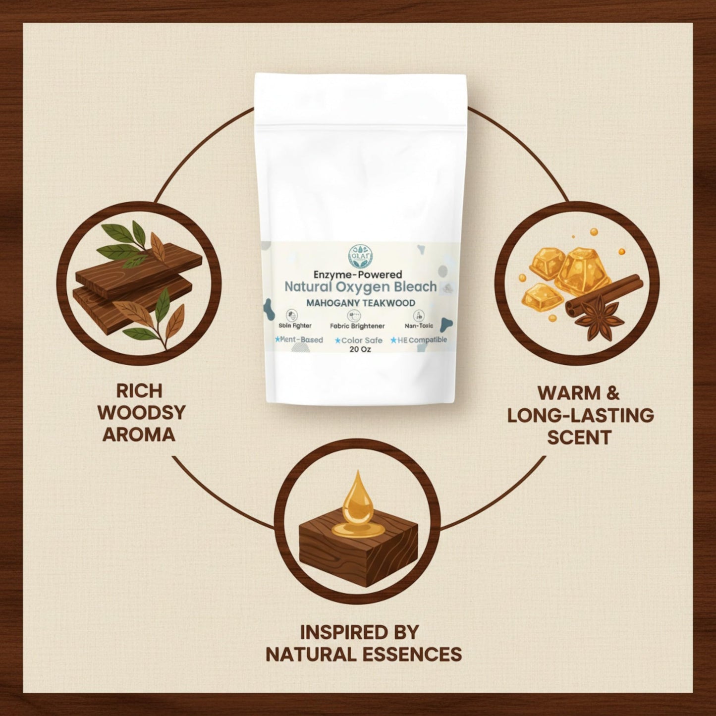 GLAT Group Enzyme-Powered Natural Oxygen Bleach (Powder) - Mahogany Teakwood | Chlorine-Free Stain Remover & Laundry Whitener | Safe for Colors