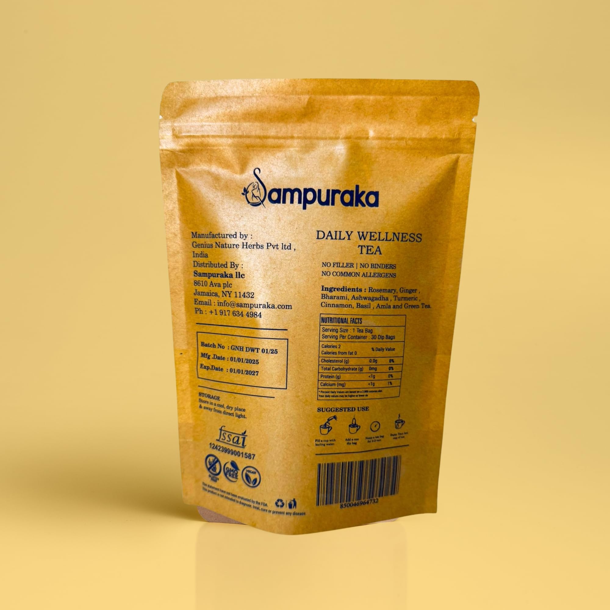 Sampuraka Daily Wellness Tea - Herbal Tea for Immunity & Relaxation Support with Turmeric, Ashwagandha, Ginger | Organic, Caffeine-Free (30 Tea Bags)