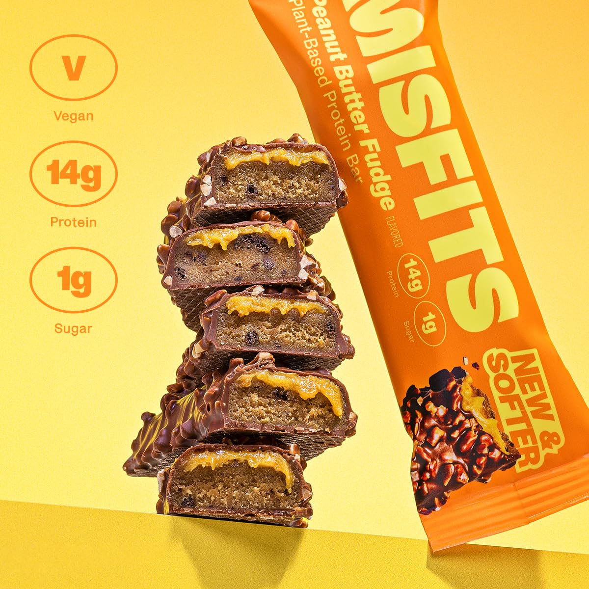 Misfits High Protein Bar, Peanut Butter Fudge, Non GMO, Plant Based Vegan Protein Bar, Low Sugar, High Fiber Snack