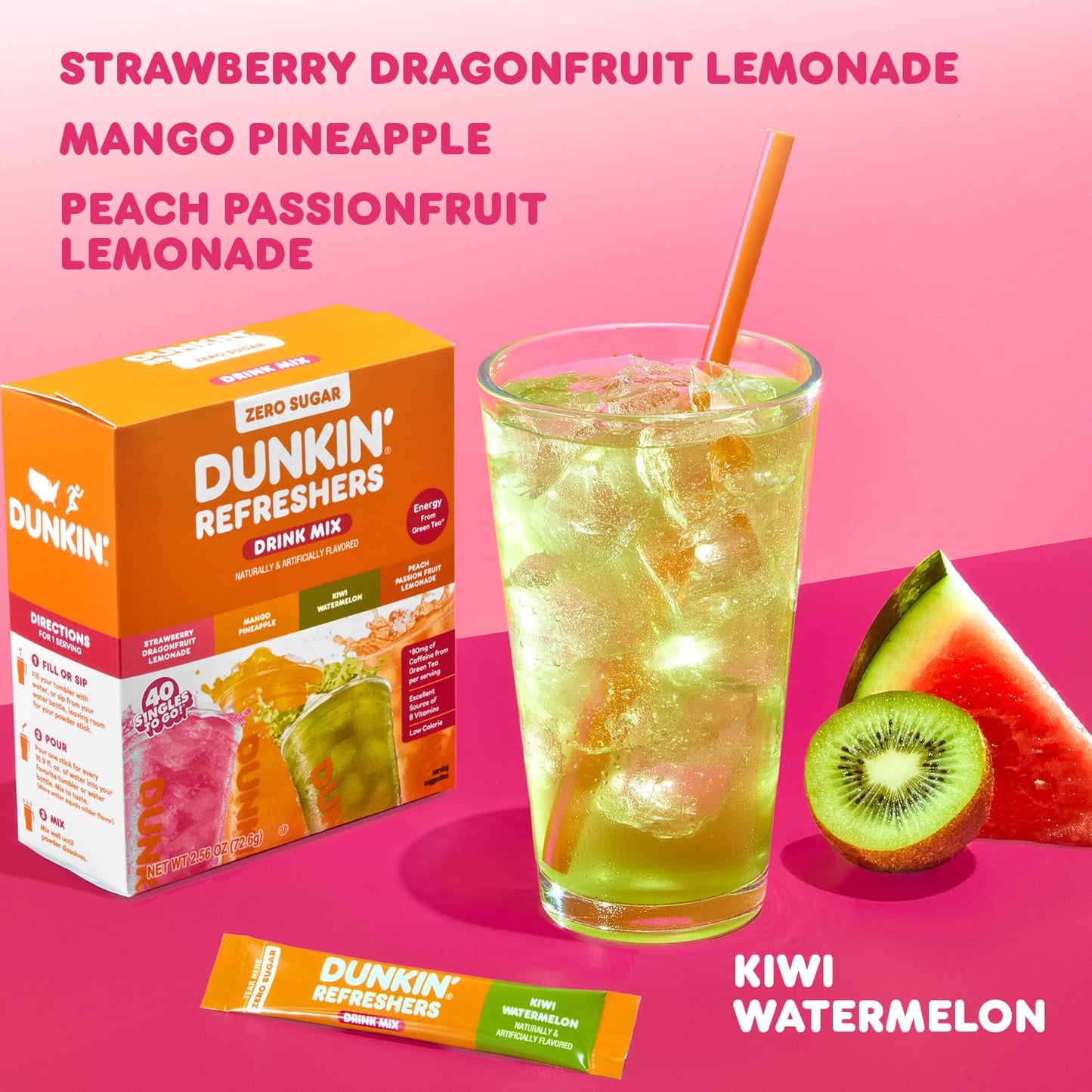 Dunkin’ Zero Sugar Refreshers Singles To Go! Powdered Drink Mix, 40 Ct Variety Pack, Energy from Green Tea, Aspartame-Free, Just Add Water