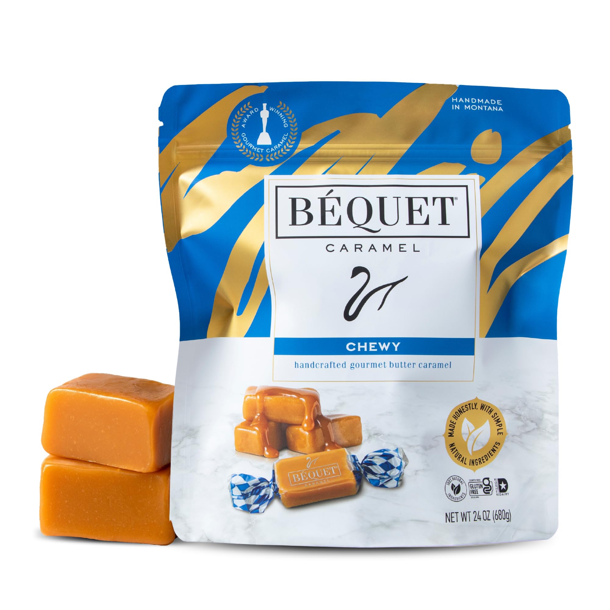 Béquet Caramel - Chewy - Gourmet Caramel Candy - Caramel Candy Individually Wrapped - Made in Montana - Kosher (Star D) and Gluten Free - 24 oz
