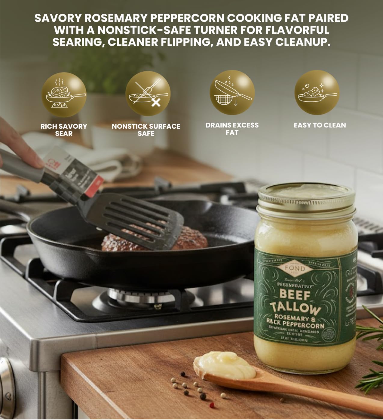 4x Beef Tallow Rosemary Pancetta 14 oz Bundle with Nylon Slotted Turner - Organic Beef Tallow for Cooking Rich Savory Cooking Fat and Silky Rendered