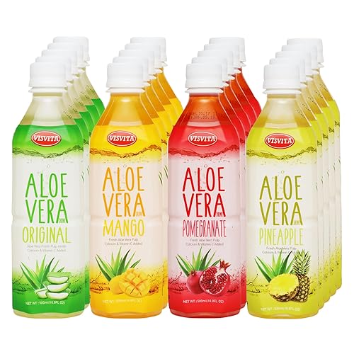 VISVITA Aloe Vera Juice with Real Pulp, Variety Pack | Digestive Health, Hydration & Energy Boost | No Artificial Colors, 16.9 oz, Original (5), Mango