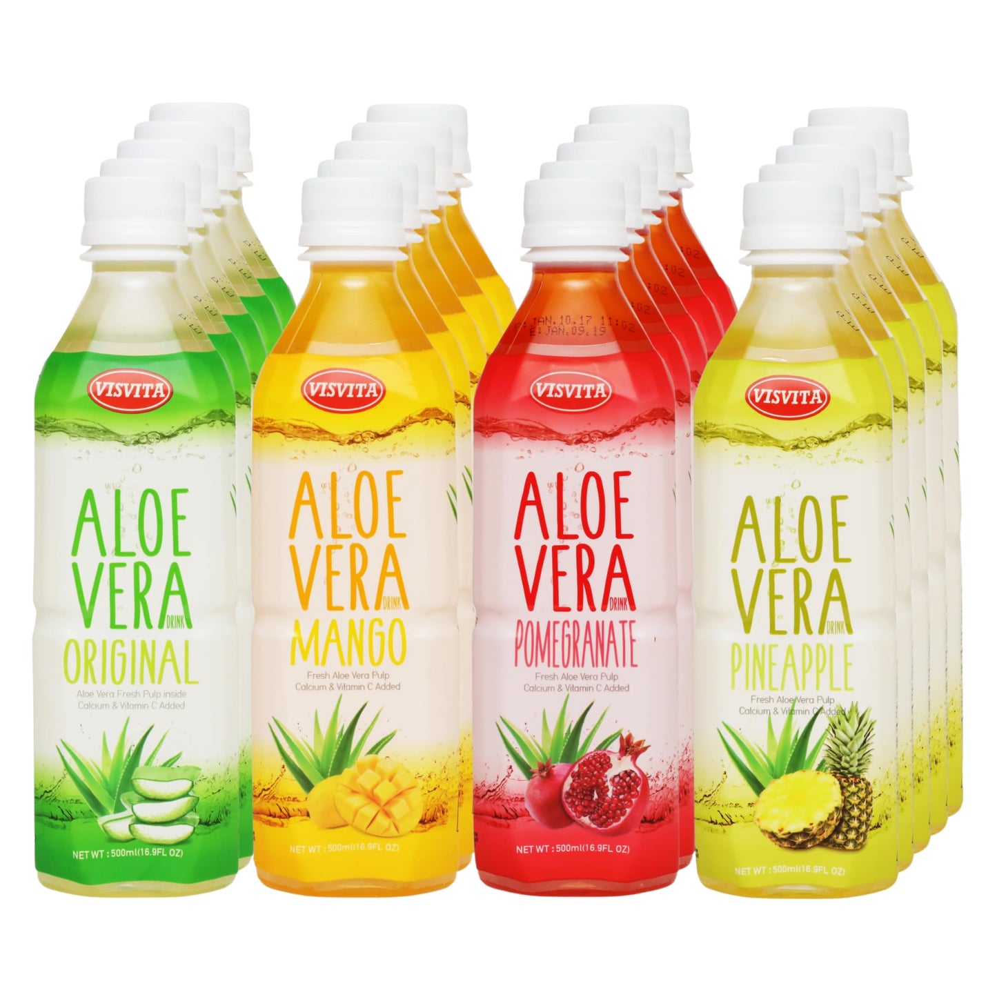 VISVITA Aloe Vera Juice with Real Pulp, Variety Pack | Digestive Health, Hydration & Energy Boost | No Artificial Colors, 16.9 oz, Original (5), Mango