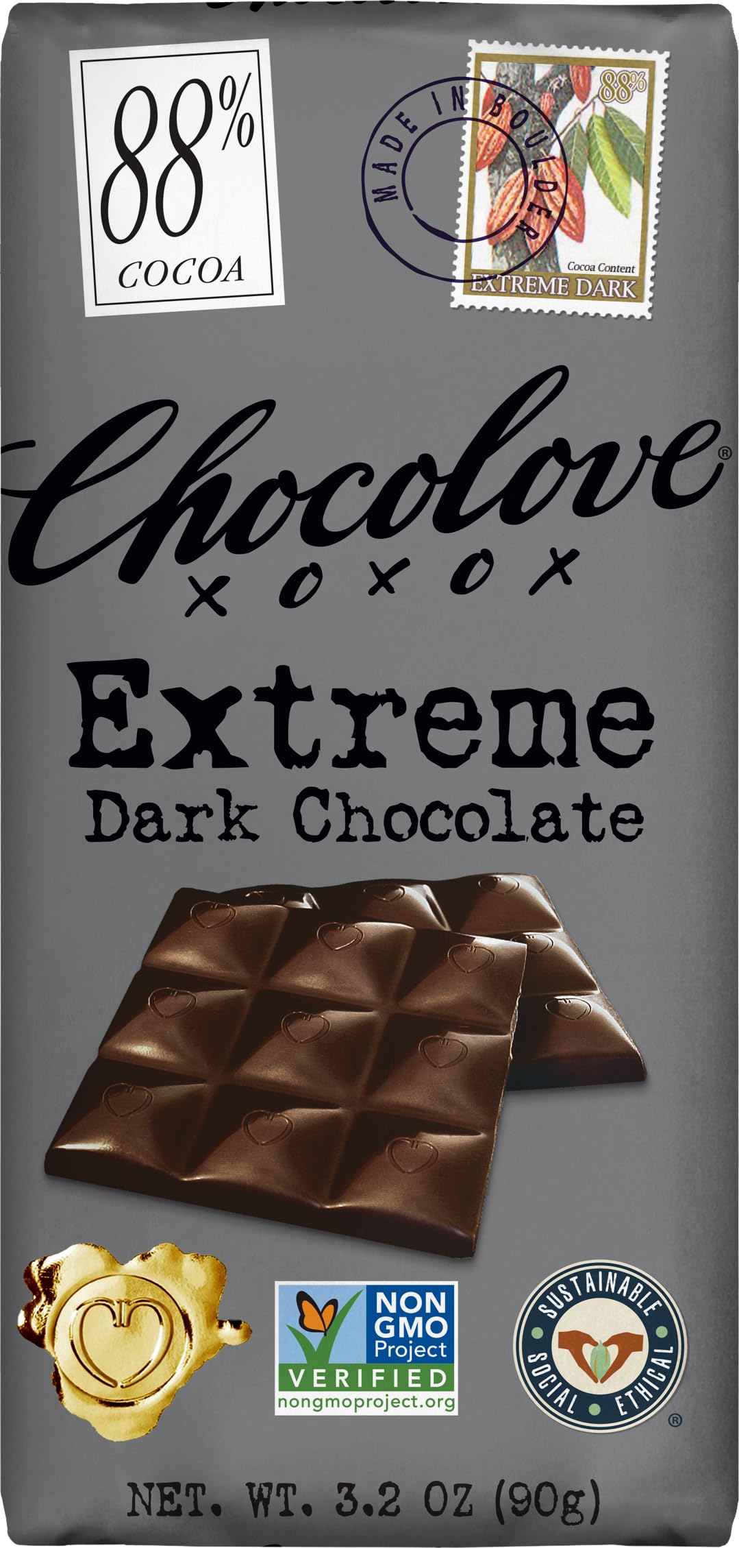 Chocolove, Chocolate Bar Extreme Dark 88%, 3.2 Ounce