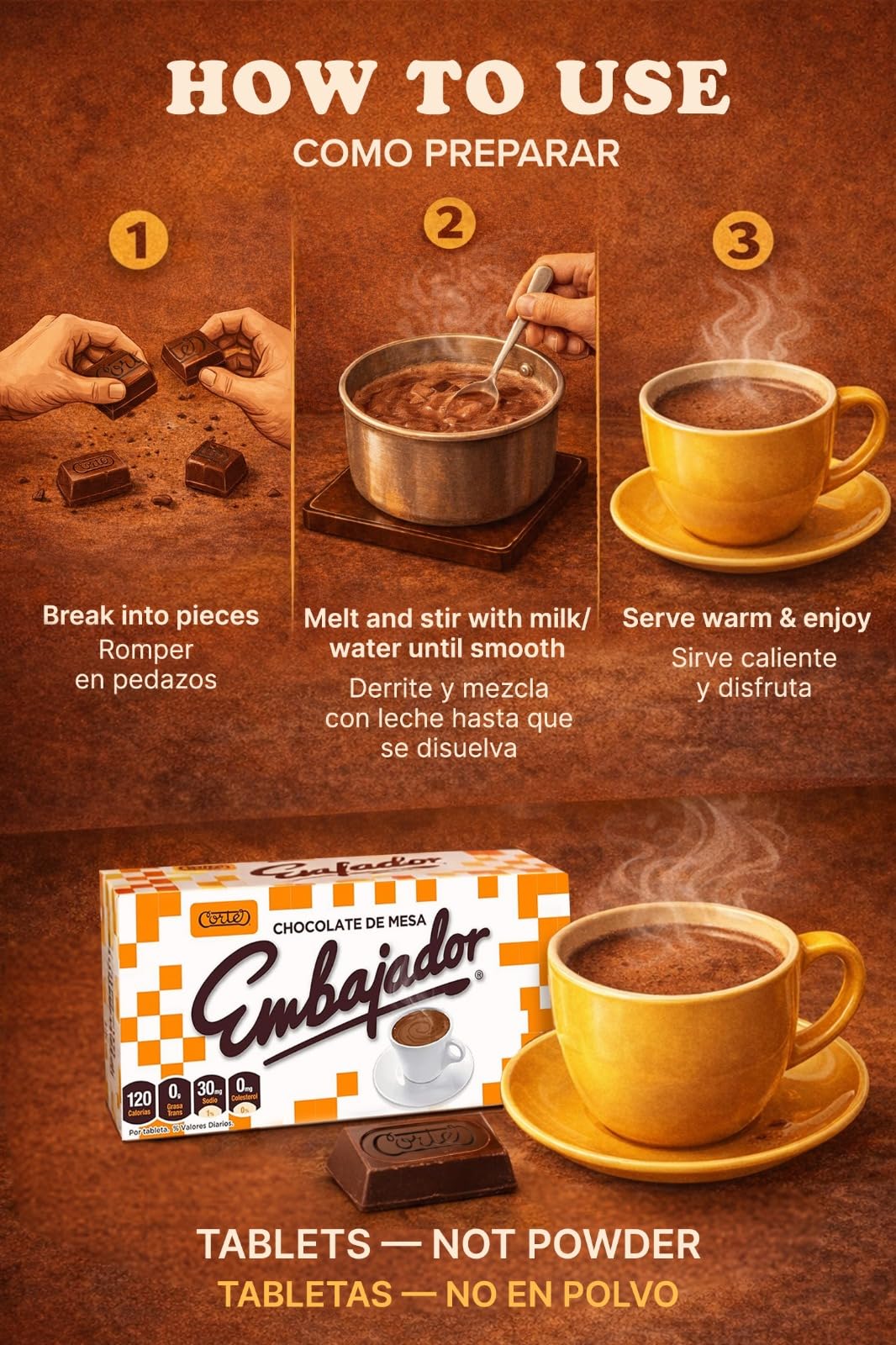 Chocolate Embajador - Chocolate de Mesa 1-Pack | Authentic Dominican Hot Cocoa, Chocolate Caliente & Melting Chocolate, Sweet Baking Chocolate Tablets