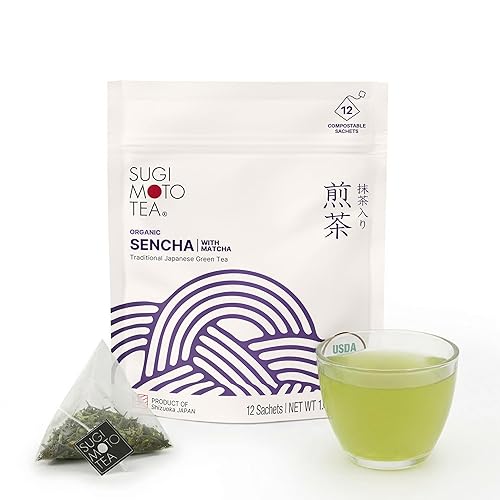 SUGIMOTO TEA Japanese Organic Sencha with Matcha Green Tea Bags 12 Count