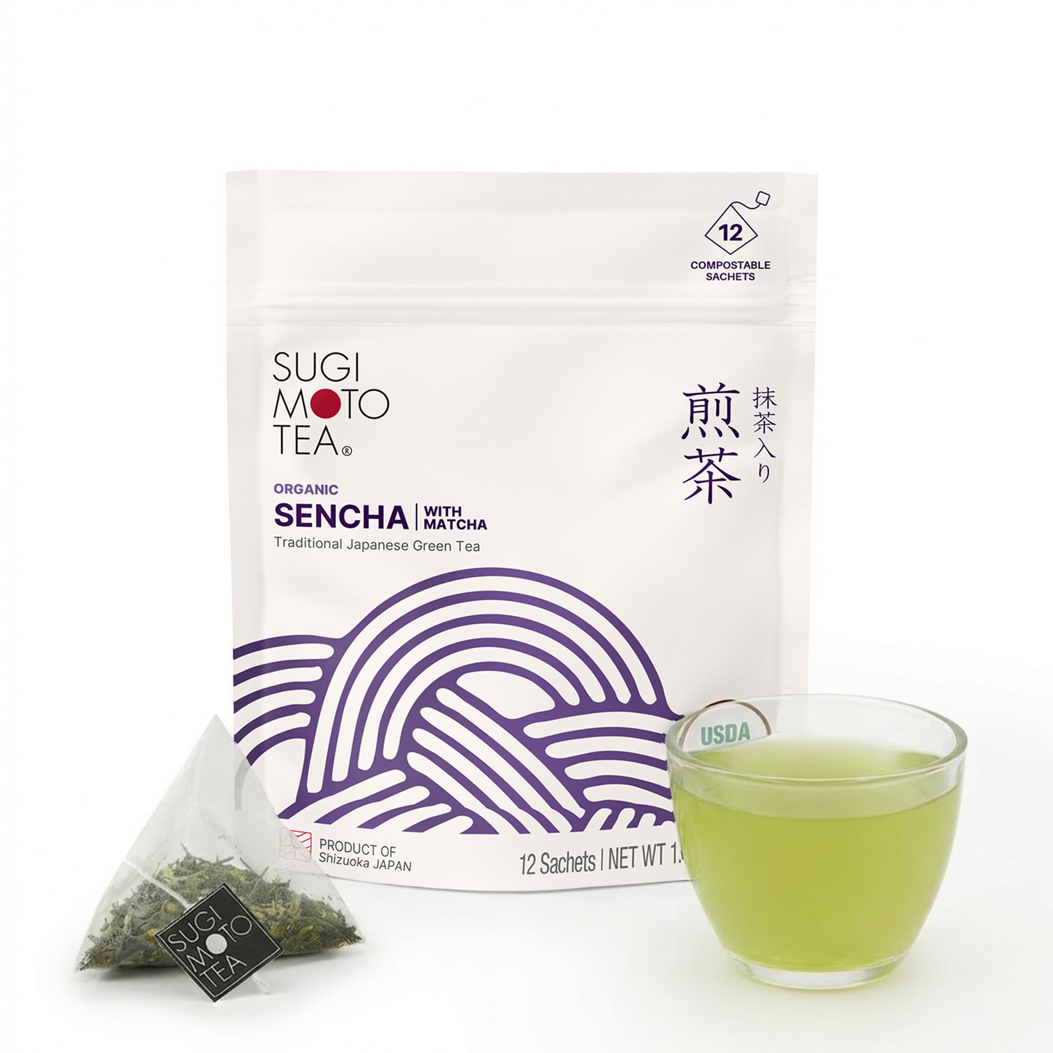 SUGIMOTO TEA Japanese Organic Sencha with Matcha Green Tea Bags 12 Count
