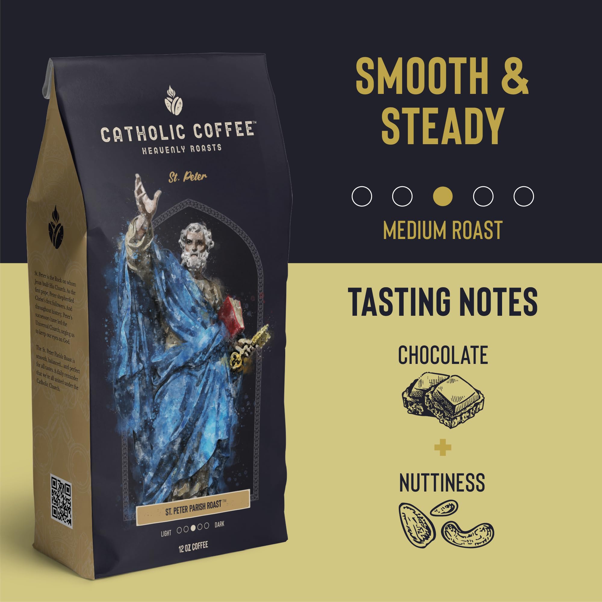 Catholic Coffee St. Peter | Medium Roast Whole Bean Coffee - Chocolate & Nutty Notes | 12oz Bag - Catholic Gift Honoring the First Pope and Rock