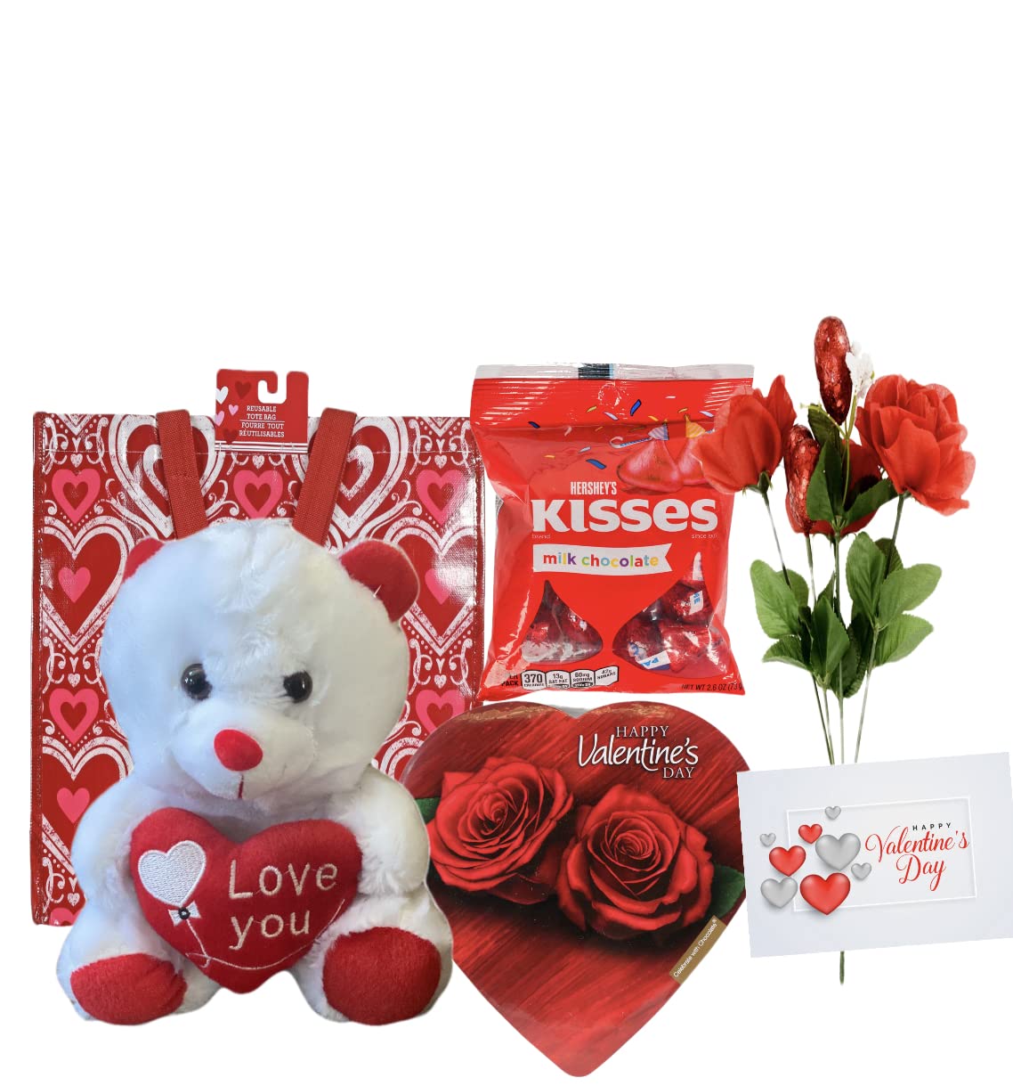 Valentines Day Gift Basket Set | 9 Inch (White Or Red) Teddy Bear Plush Hershey's Kisses Milk Chocolate | Elmer Heart Shaped Chocolate | Artificial