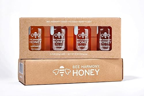 Bee Harmony Coast-to-Coast Honey Flight, Mini Honey Gift Set, 4 Jars, 3 OZ Each, Premium, Raw, Made in the USA