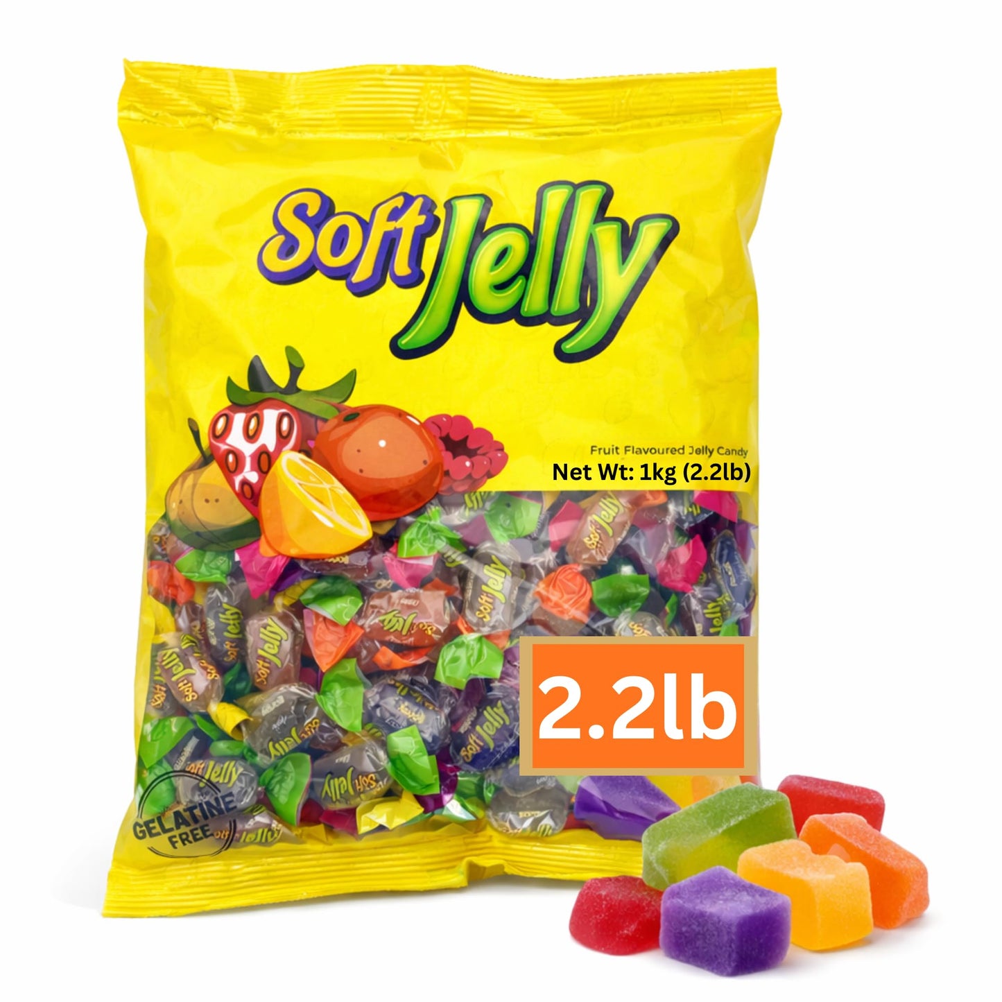 Soft Jelly Candy - 1kg (2.2 lb) Bulk Pack - Individually Wrapped Fruit Flavored Chewy Candy - Apple, Lemon, Orange, Raspberry, Strawberry