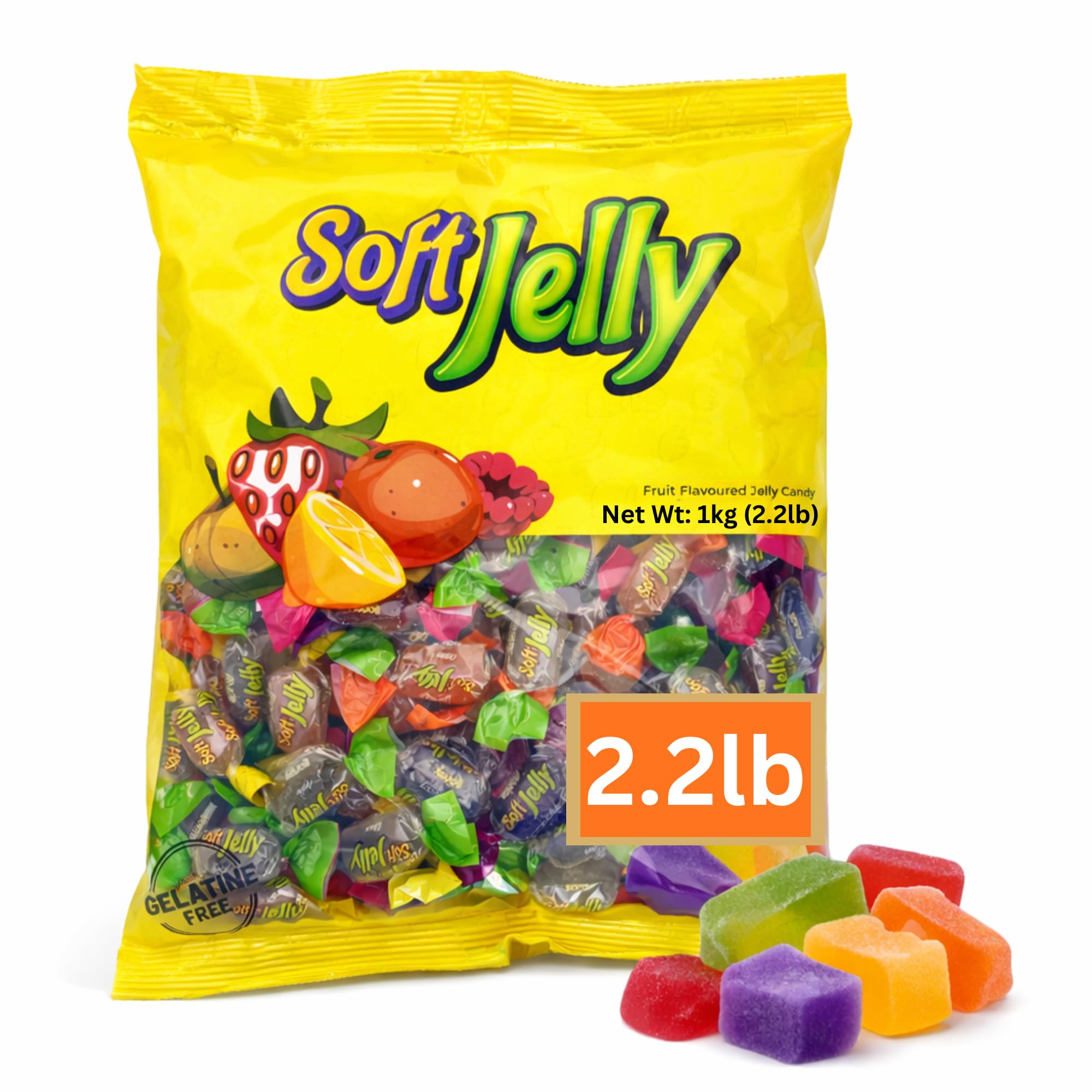 Soft Jelly Candy - 1kg (2.2 lb) Bulk Pack - Individually Wrapped Fruit Flavored Chewy Candy - Apple, Lemon, Orange, Raspberry, Strawberry