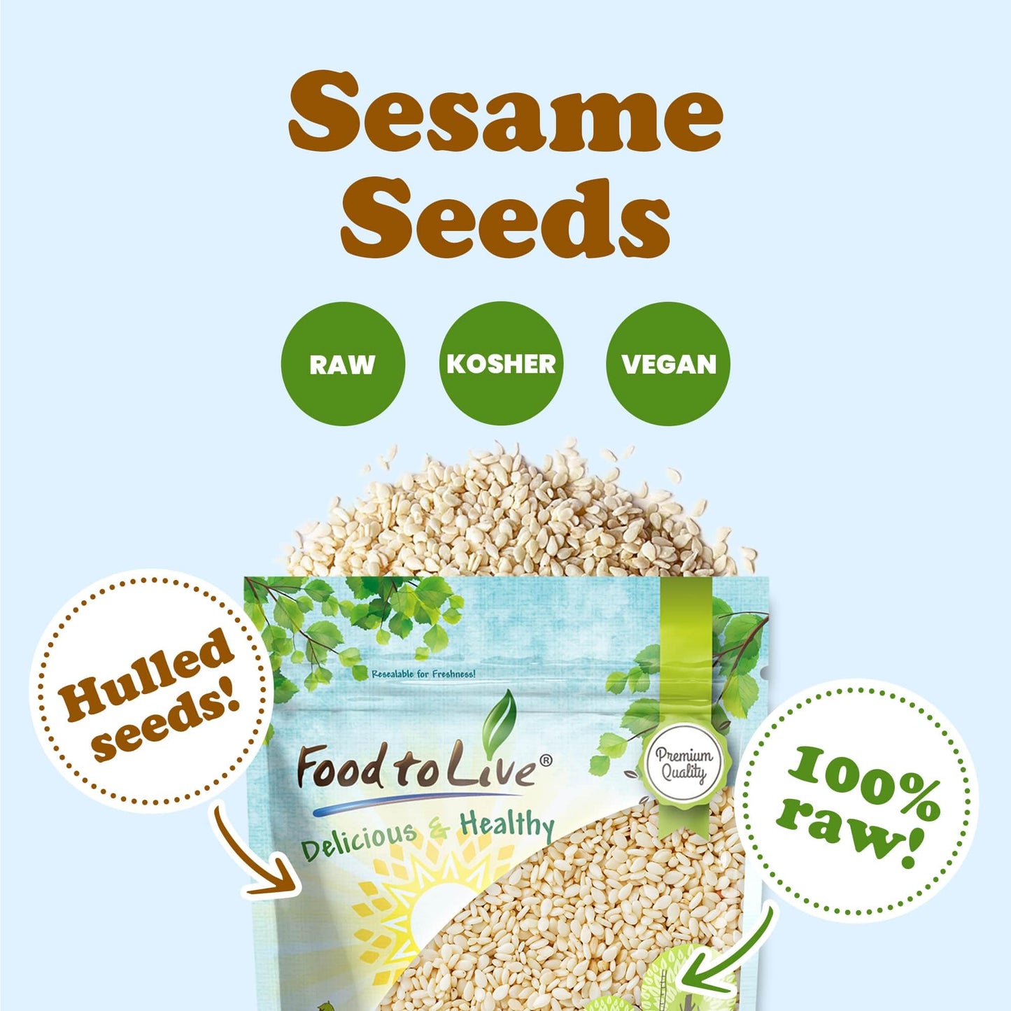 Hulled Sesame Seeds, 18 Pounds - Non-GMO Verified, Whole Raw White Sesame Seeds, Kosher and Vegan, Unroasted, Bulk Sesame. High in Magnesium, Iron