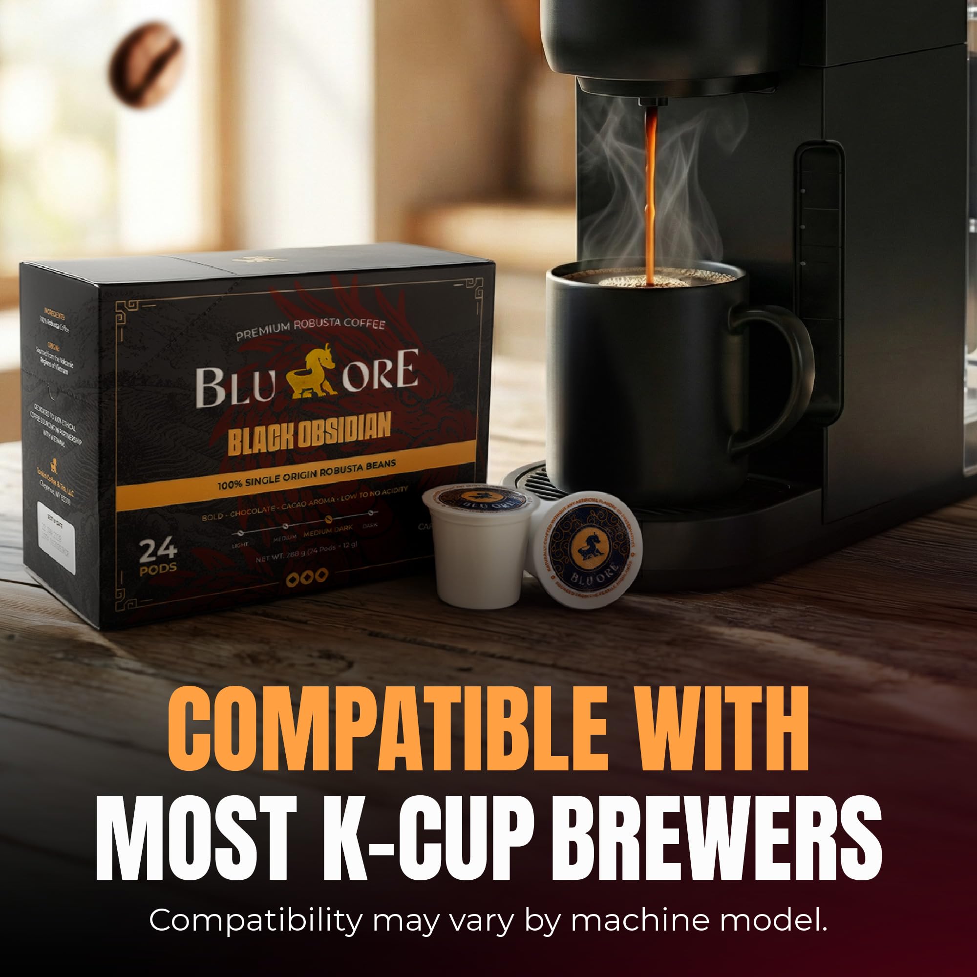 Blu Ore Black Obsidian K Cup Coffee Pods - High Caffeine Vietnamese Robusta Coffee Pods, Compatible with most K-Cup brewers, Bold Chocolate & Cacao