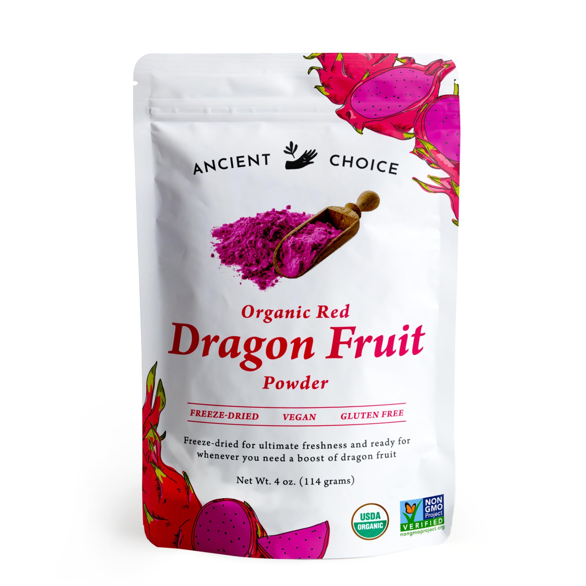 Ancient Choice - Red Dragon Fruit Powder (4 ounces) | USDA Organic Freeze Dried | Non-GMO Pitaya | Natural Food Coloring | Vegan Pink Superfood |