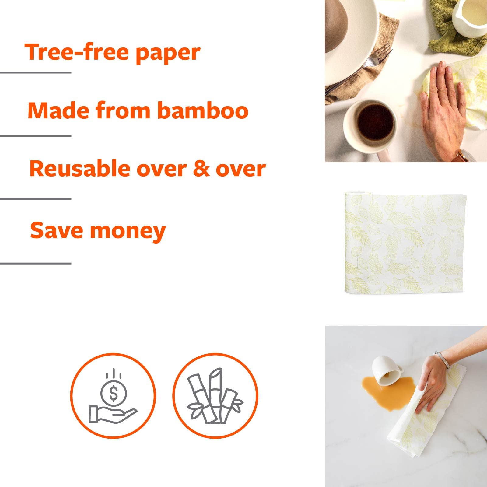 Full Circle Tough Sheets Reusable Plant-based Paper Towels - Super-Absorbent, Bamboo Towels - Multi-Use Cleaning Products - 30 Sheet Roll