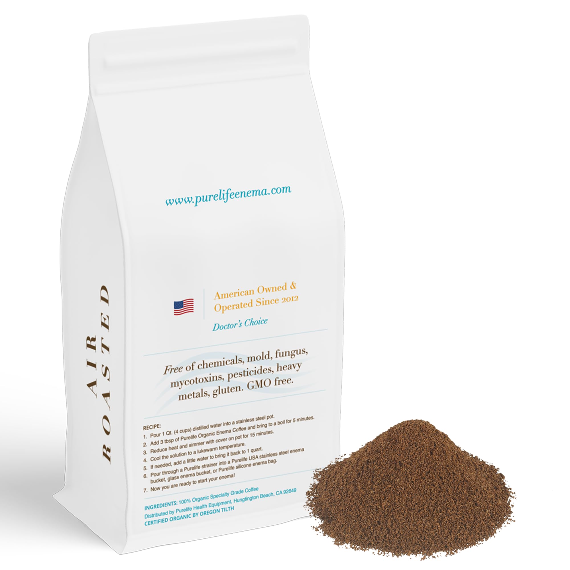 Purelife Enema Coffee- Certified Organic - Light "Air" Roast - Ground - Specialty Grade -Third Party Lab Tested - Mycotoxin Free - Accepted By Gerson