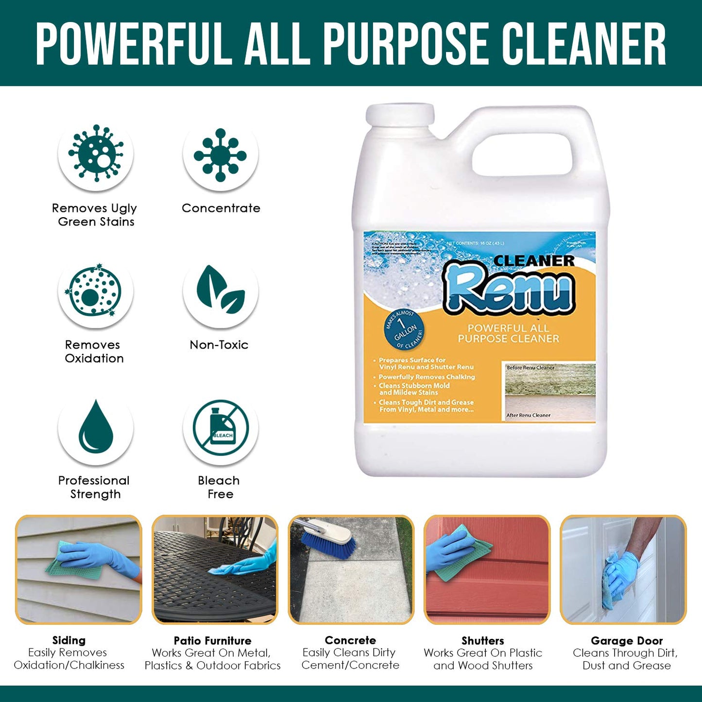 Renu Universal House Wash-Incredible Coverage Of 2000+ SF | Removes Stains, Oxidation & More | Ideal For Vinyl Siding, Decks, Fences, Pavers & Outdoor