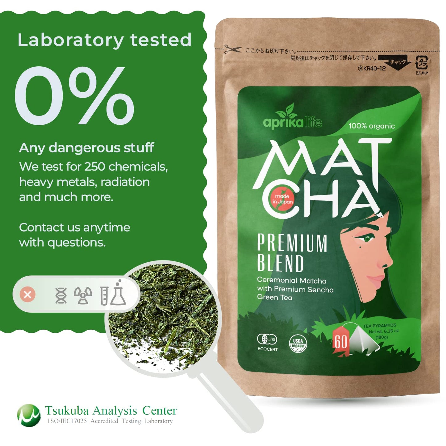 Organic Japanese Matcha Green Tea Bags - Ceremonial Grade Matcha Powder and 1st Harvest Spring Sencha Blend for Unforgettable Taste - 60 Tea Pyramids
