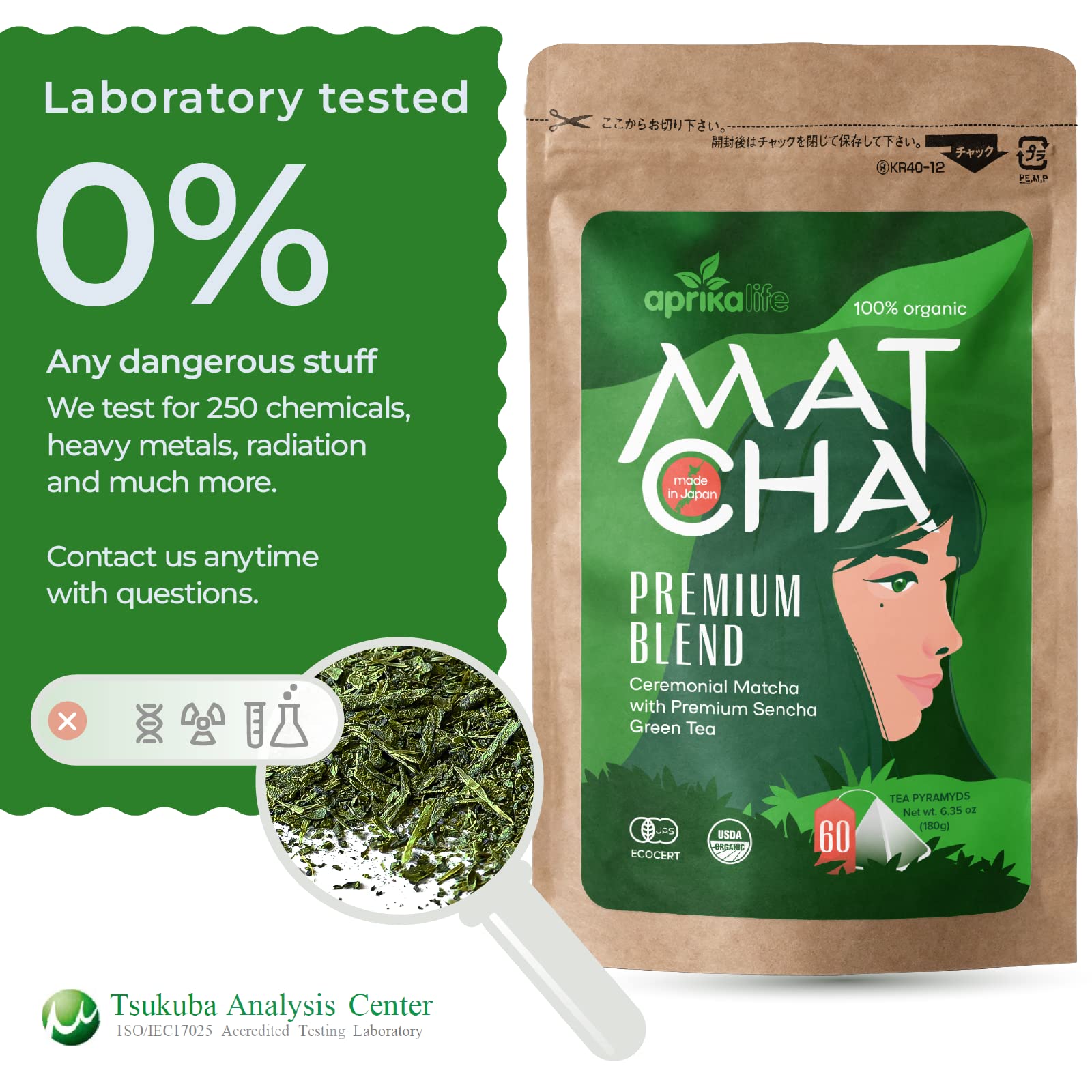Organic Japanese Matcha Green Tea Bags - Ceremonial Grade Matcha Powder and 1st Harvest Spring Sencha Blend for Unforgettable Taste - 60 Tea Pyramids