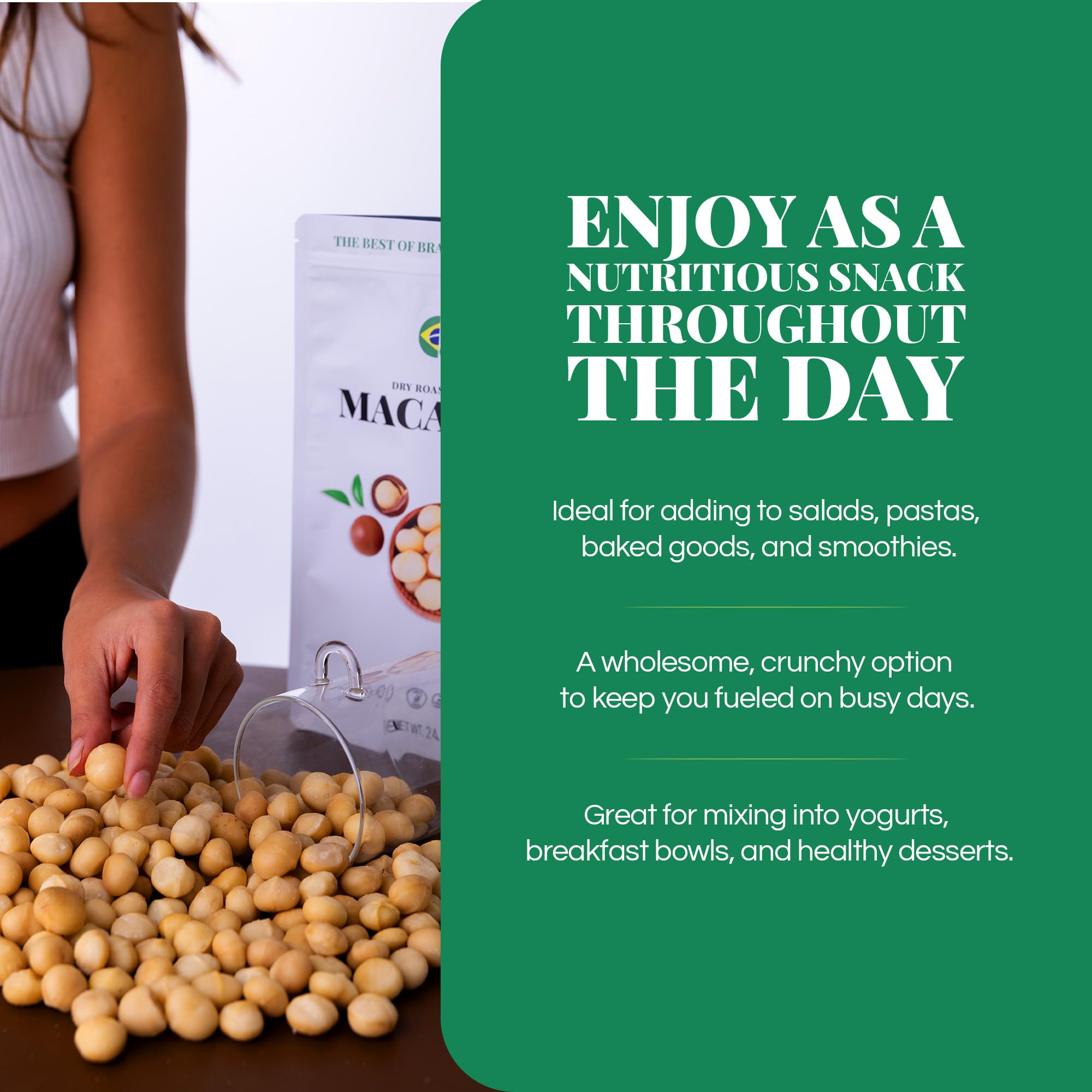 Macadamia Nuts 24 oz, Stand Up Pouch - Rich in Omega 3, Vitamins and Minerals - Natural Source of Skin and Well Being - Lightly Salted - Brazilian