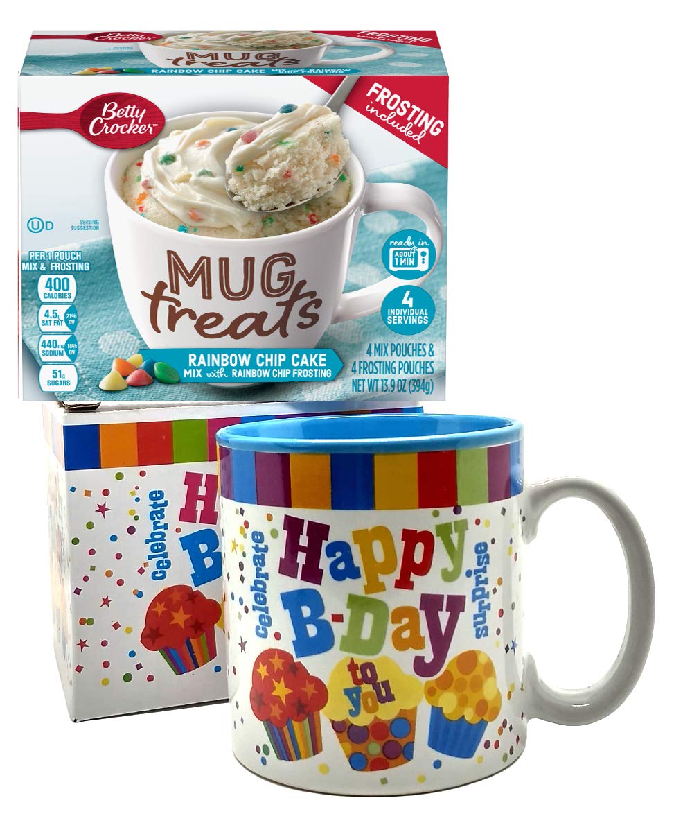 Happy Birthday Mug In Gift Box with 4 Mug Cake Mix Pouches Bundle (Confetti)