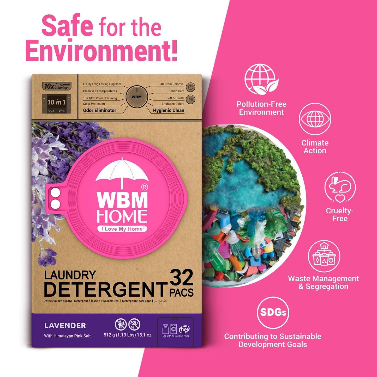 WBM 10-in-1 Laundry Detergent Pods, Fabric Softener with Lavender Extracts, High-Efficiency Laundry Pods with Powerful Stain Lifter Technology - 32