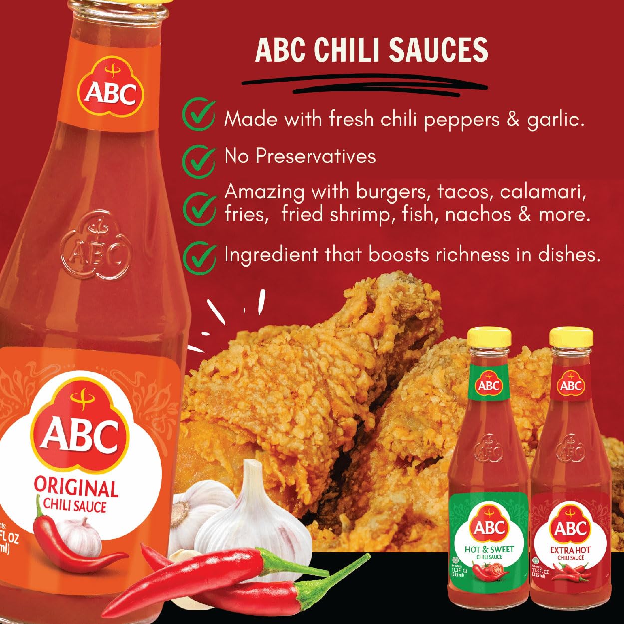 ABC Original Chili Sauce, 11.3 Oz, Spicy Sriracha Style Sambal, No MSG, Umami Flavor, Indonesian BBQ Dip Made with Chili & Garlic