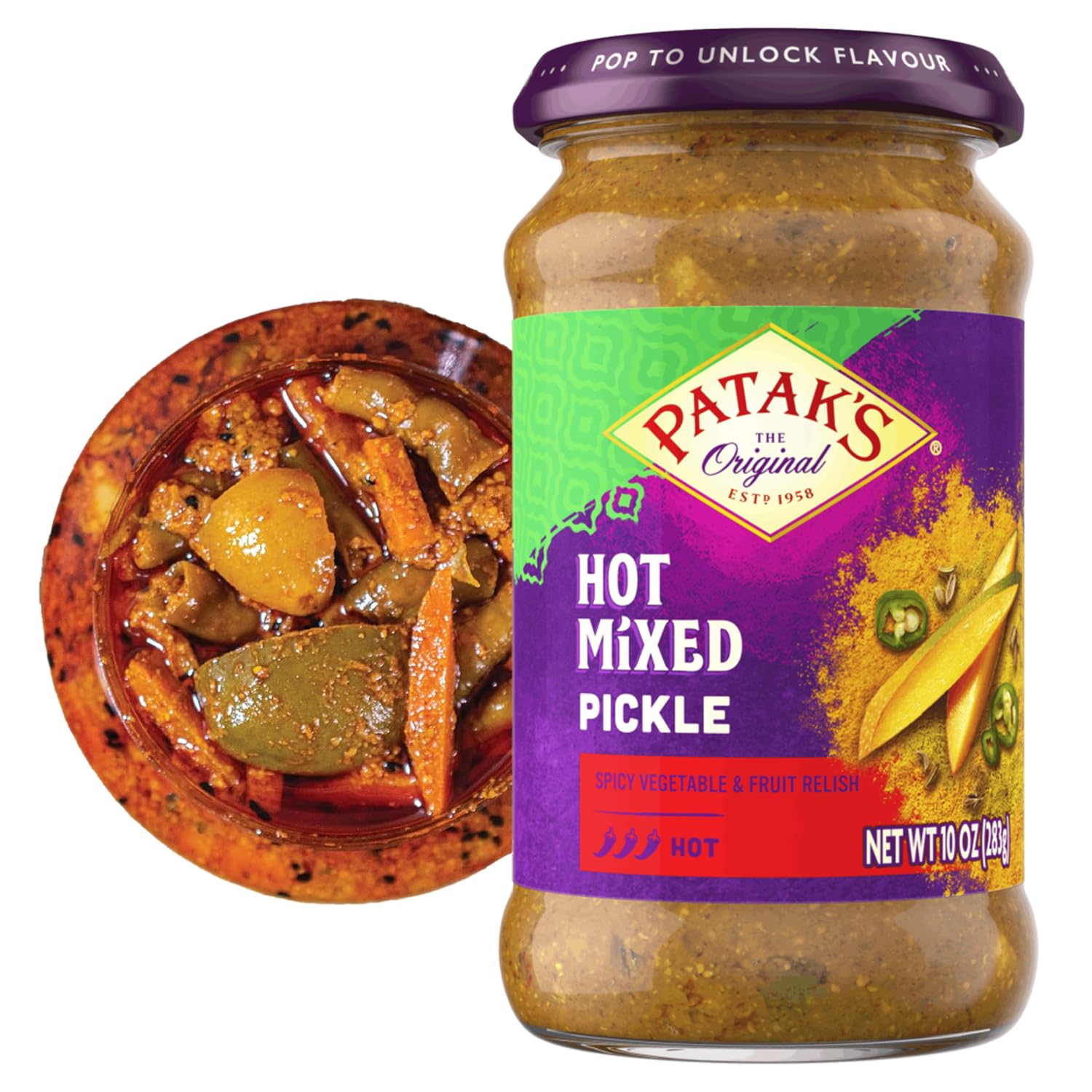 Patak’s Hot Mixed Pickle - Authentic Indian Relish w/Mangoes, Carrots, Limes, Chili Peppers & Aromatic Spices -Perfect for Sandwiches, Salads & Cold