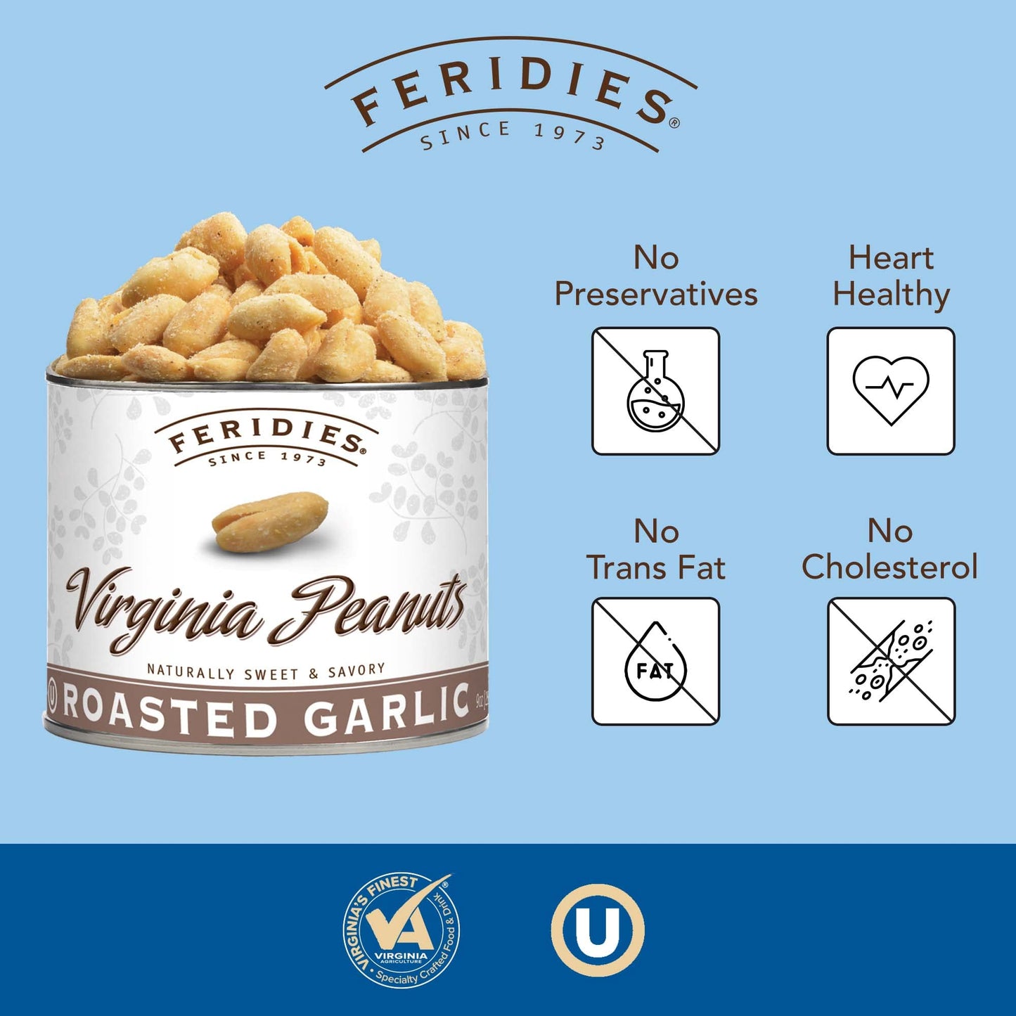 FERIDIES Roasted Garlic Virginia Peanuts Snacks Gourmet, Extra Large, 18oz Resealable Tin