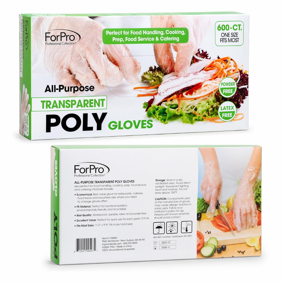 ForPro Disposable Poly Gloves, Food Grade, BPA-Free, Latex-Free, Powder-Free, Lightweight Plastic Gloves for Cooking, Food Prep, Food Service, One