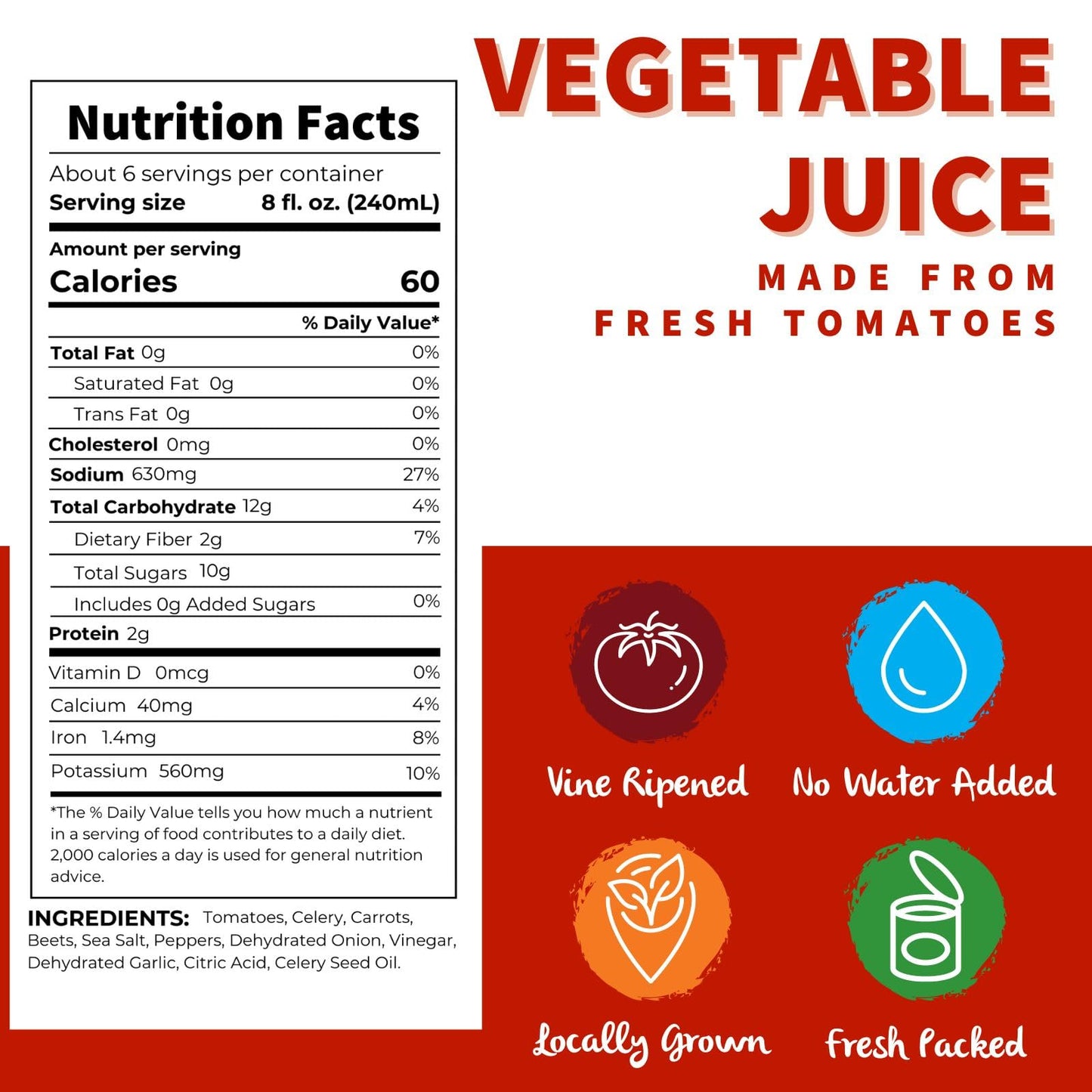 Dei Fratelli Vegetable 100% Juice, Not from Concentrate, 46oz (6 pack)