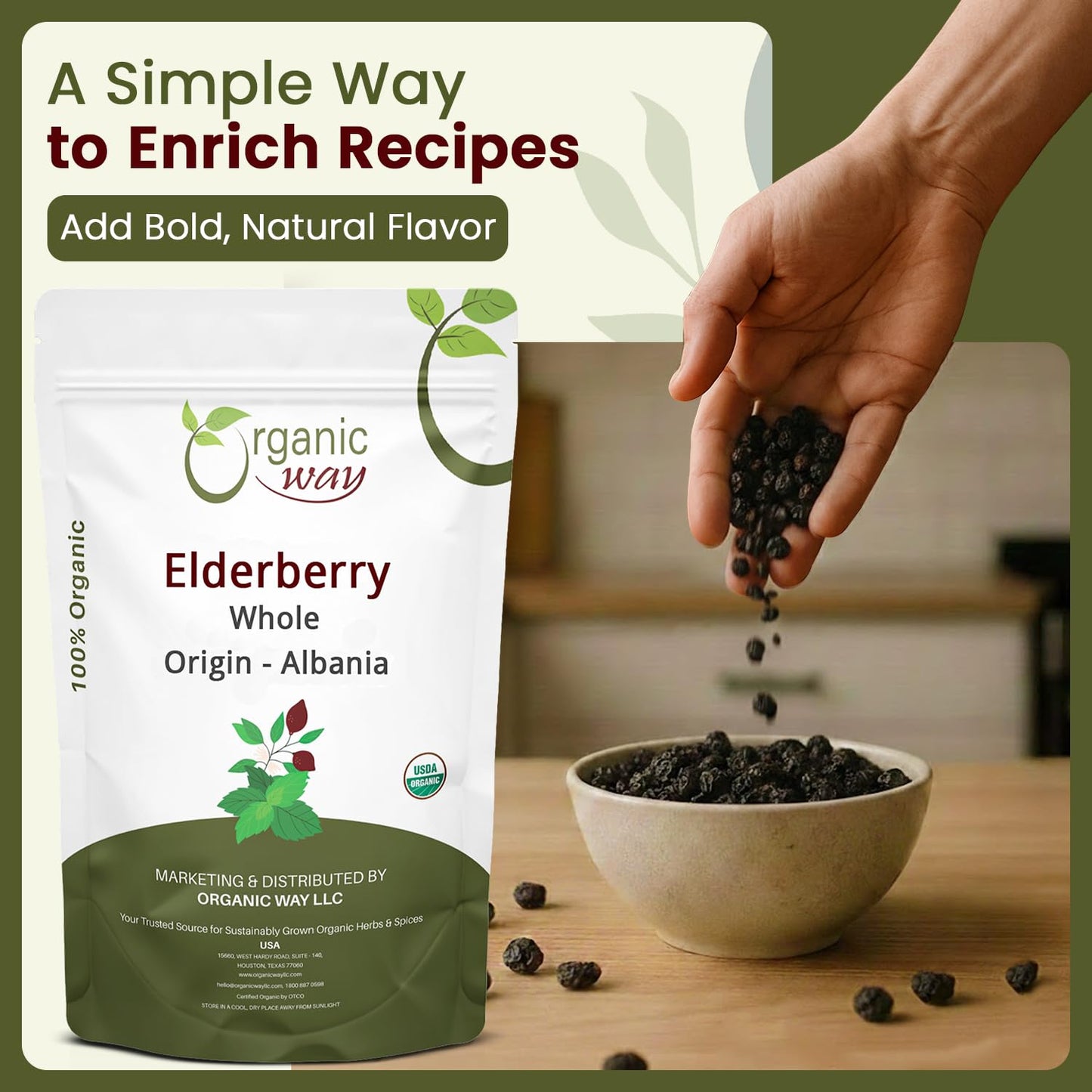 Organic Way Dried Elderberry Whole - Herbal Tea | European Wild-Harvest | Kosher & USDA Certified | Non-GMO & Gluten Free | Tested for Purity | 100%