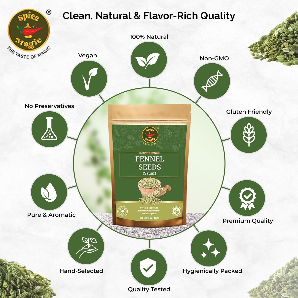 Spice Magic Fennel Seeds | Whole Fennel Seed 7oz (200g), 100% Natural, Fresh, Gourmet Spices and Seasonings for Cooking and Baking I Non-GMO I Indian