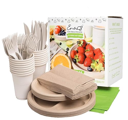 Eco-friendly Camping Supplies [16 Dinnerware Set] for Picnic Basket & Party Supplies. Compostable Paper Plates, Napkins, Biodegradable Utensils, Cups