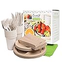 Eco-friendly Camping Supplies [16 Dinnerware Set] for Picnic Basket & Party Supplies. Compostable Paper Plates, Napkins, Biodegradable Utensils, Cups
