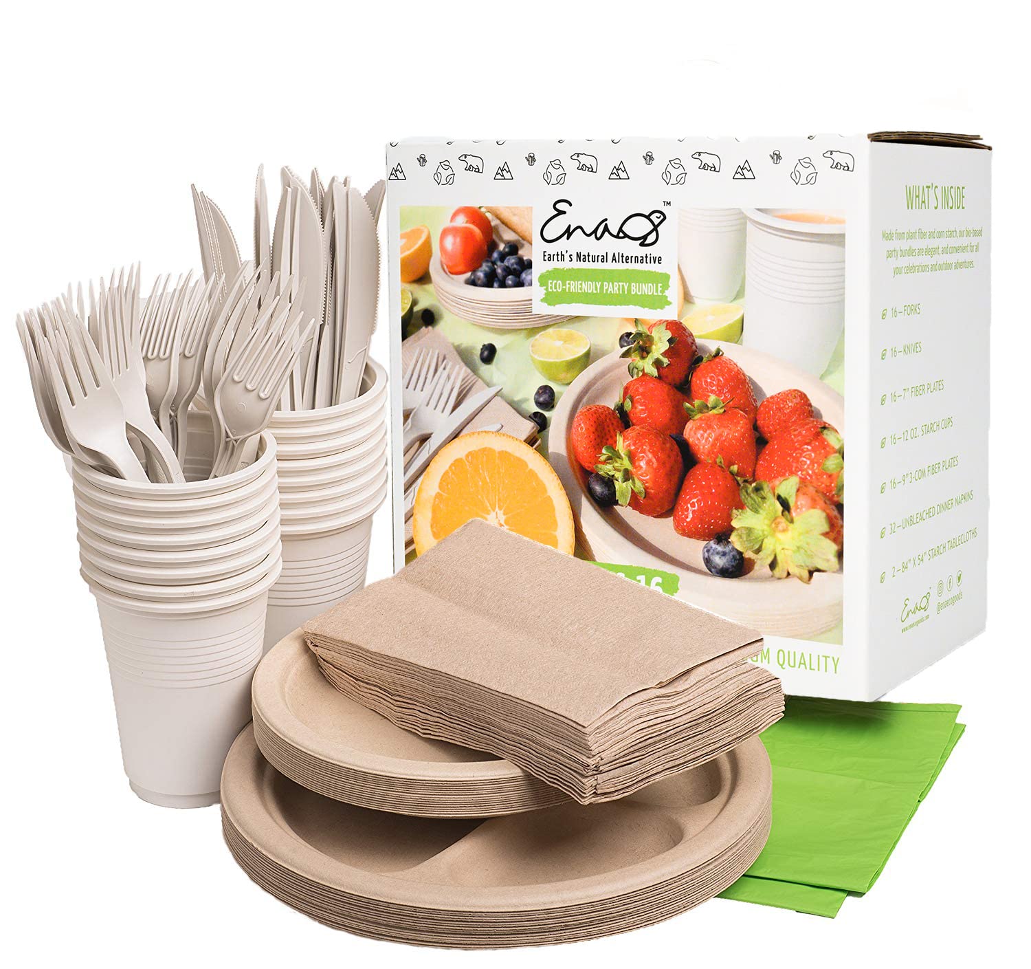 Eco-friendly Camping Supplies [16 Dinnerware Set] for Picnic Basket & Party Supplies. Compostable Paper Plates, Napkins, Biodegradable Utensils, Cups