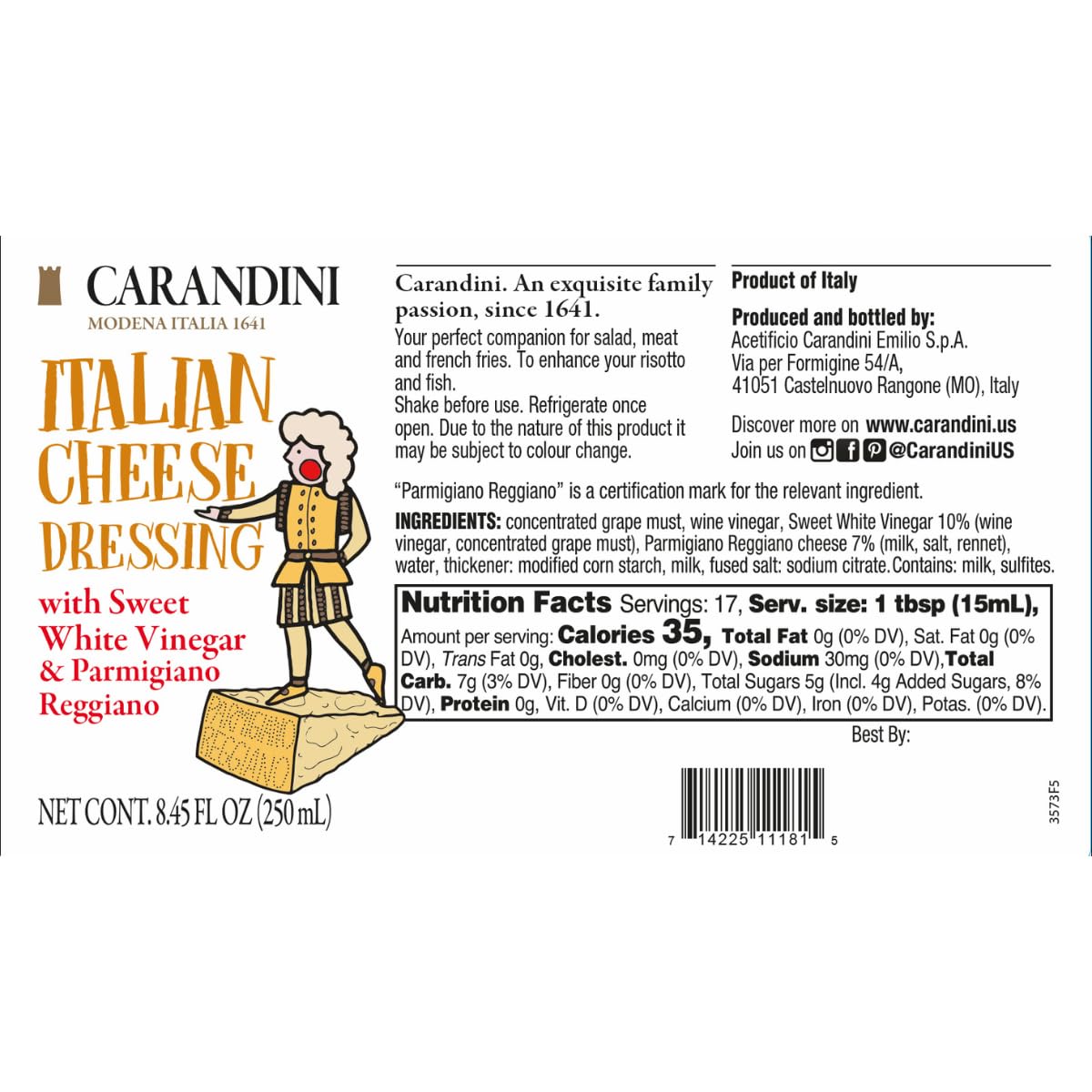 Carandini Italian Cheese Dressing with Sweet White Vinegar & Parmigiano Reggiano DOP - Gourmet, Gluten-Free, Light & Creamy, Sweet & Tangy Flavor
