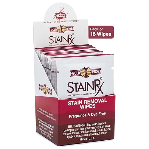 Stain Rx 18 Pack Stain Remover Wipe - Travel Wipes for Clothes, Carpet, Upholstery, & Laundry, Instant Removal of Stubborn Red Wine, Blood, Coffee