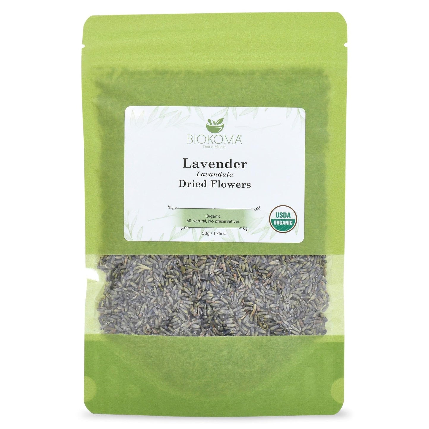 Biokoma Organic Lavender (Lavandula) Dried Flowers 50g (1.76oz) - Relax - DIY - Resealable Moisture Proof Pouch, USDA Organic Herbal Tea