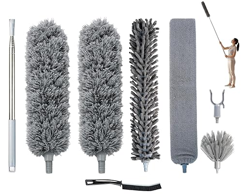 Microfiber Feather Duster with Extension Pole 100 Inches, (8 PCS), Cleaning Brush, Dusters for Cleaning High Ceilings, Cobwebs, Blinds, Cars