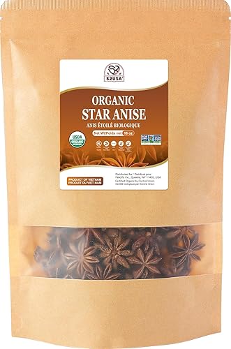 52USA Organic Star Anise, 16 Ounce (Pack of 1), NON-GMO Verified Chinese Star Anise Whole, Dried Star Anise Pods for Tea and baking