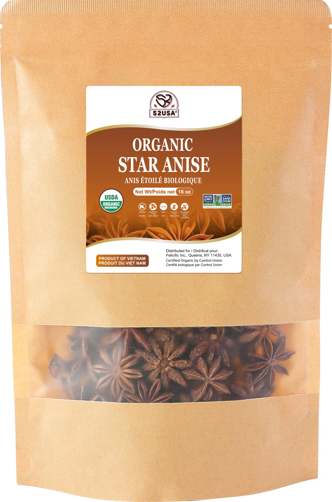 52USA Organic Star Anise, 16 Ounce (Pack of 1), NON-GMO Verified Chinese Star Anise Whole, Dried Star Anise Pods for Tea and baking