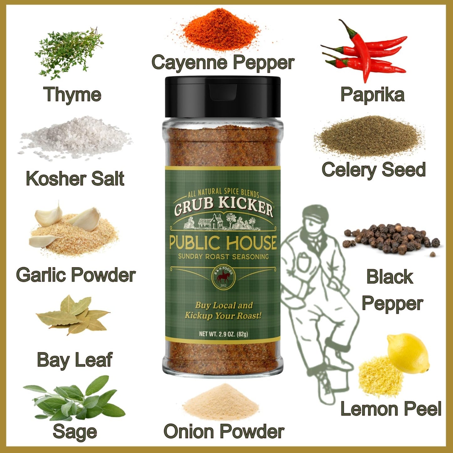 Grub Kicker assorted 4 pack includes: Wildflower Herbes De Provence, Appalachian All Purpose, Baja Fish Taco, Public House Sunday Roast. Premium