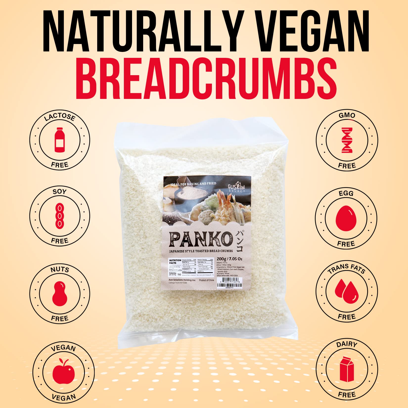 Fusion Select 2 Packs Panko Bread Crumbs - Japanese-Style Toasted Vegan Panko Breadcrumbs for Breading, Frying, Baking - For Fried Chicken & Pork, Baked Pasta, Roasted Vegetables, Tonkatsu