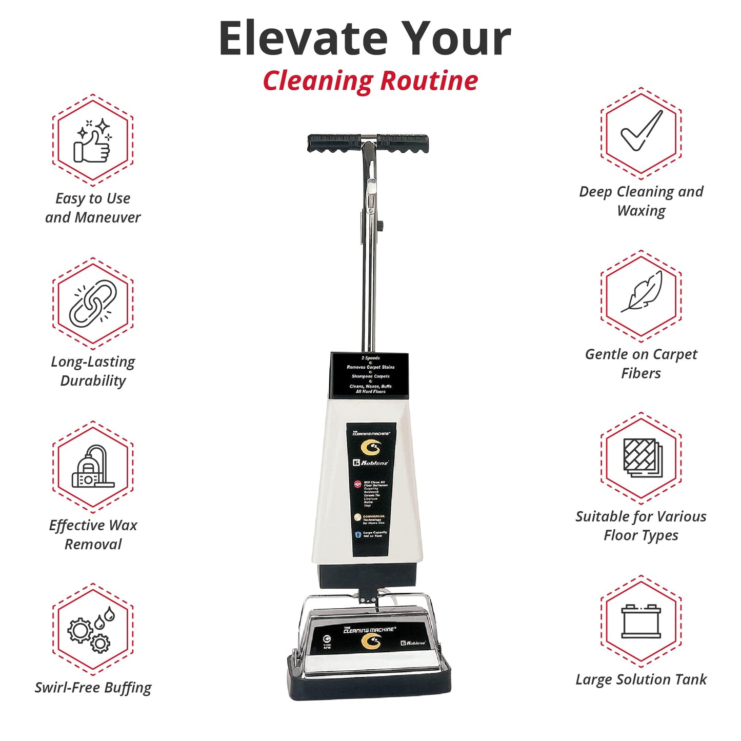 Koblenz P-2600A Carpet Shampooer Machine, 12 in Floor Polisher, Electric Floor Scrubber, 144 oz Tank, Twin Brushes, Scrubbing and Polishing Pads