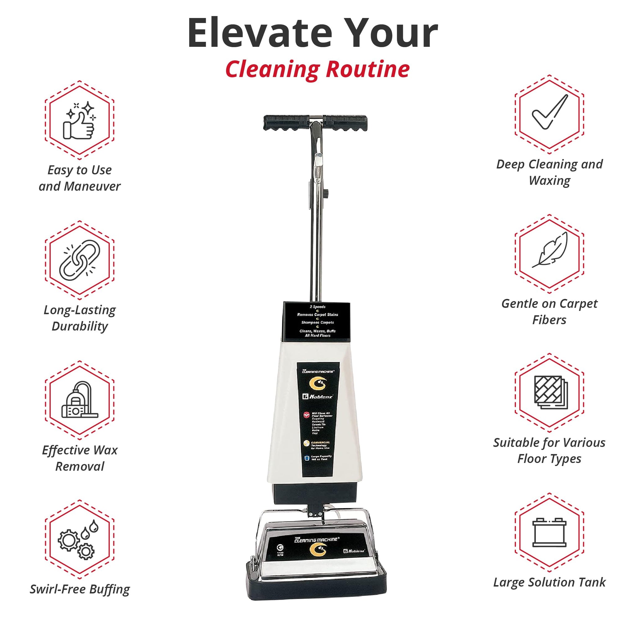 Koblenz P-2600A Carpet Shampooer Machine, 12 in Floor Polisher, Electric Floor Scrubber, 144 oz Tank, Twin Brushes, Scrubbing and Polishing Pads