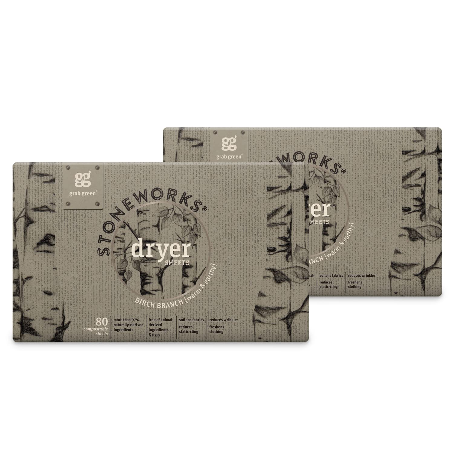 Grab Green Stoneworks Cruelty-Free Dryer Sheets | Softens Fabrics, Freshens Clothing & Reduces Static-Cling and Wrinkles | Plant Based | Birch Branch