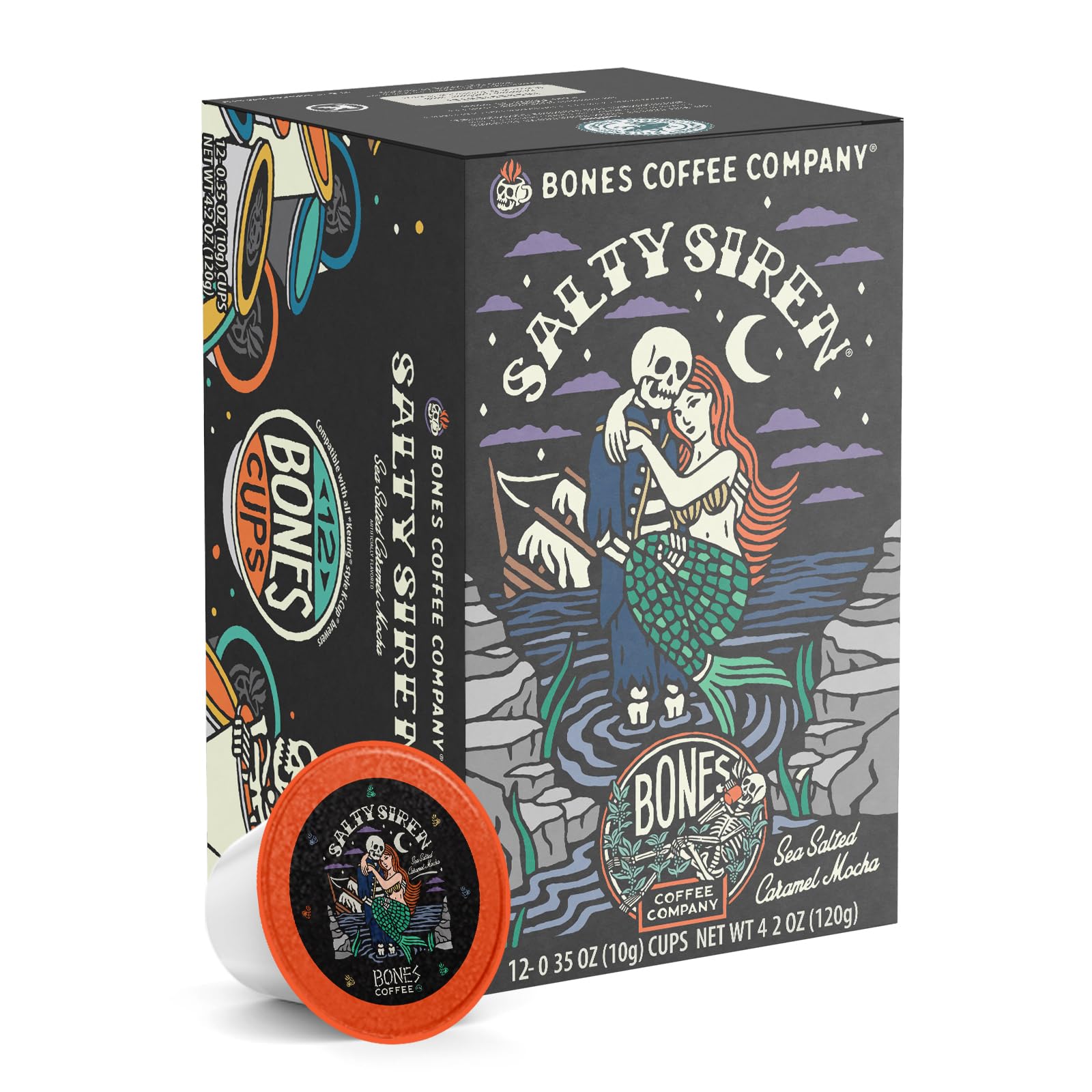 Bones Coffee Company Flavored Coffee Bones Cups Salty Siren Caramel Chocolate | 12ct Single-Serve Coffee Pods Compatible with Keurig 1.0 & 2.0 Keurig